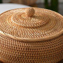 Hand-Woven Round Rattan Storage Box with Lid