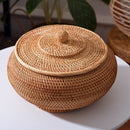 Hand-Woven Round Rattan Storage Box with Lid