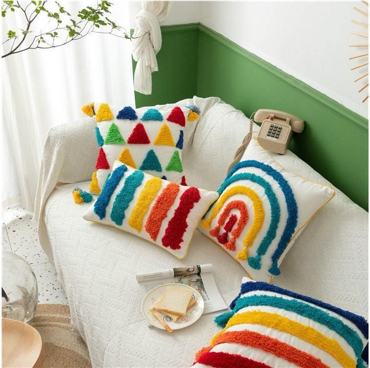 Colourful Rainbow Embroidery Cushion Cover with Tassels Fringe