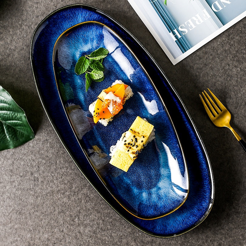 Irregular Japanese Deep Blue Long Serving Plate